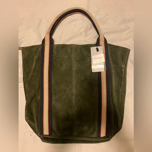 NWT Italian Leather tote. Green leather with canvas straps. Small pouch inside